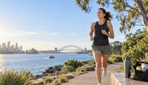 Active Australian runner training near Sydney Harbour with a water bottle, gym bag and balanced sports nutrition essentials.