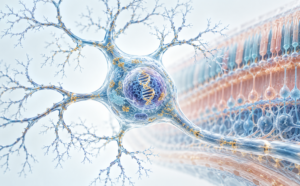 Conceptual illustration of retinal cells and gene regulation, not an image from the ER-100 clinical trial.