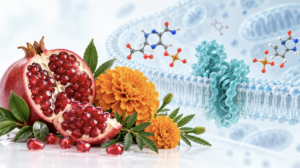 Pomegranate and marigold flowers beside a conceptual illustration of cellular metabolism for an article about CD38 and NAD+.